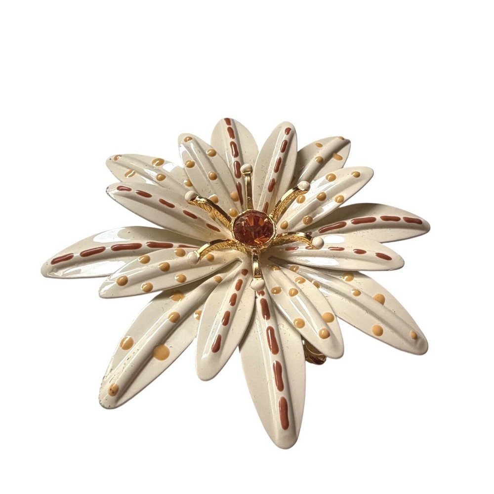 Joan Rivers Vintage Enamel Flower Brooch Amber Rhinestone Cream Floral Pin 3"